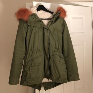 Gap Sherpa lines parka with pink fur hood